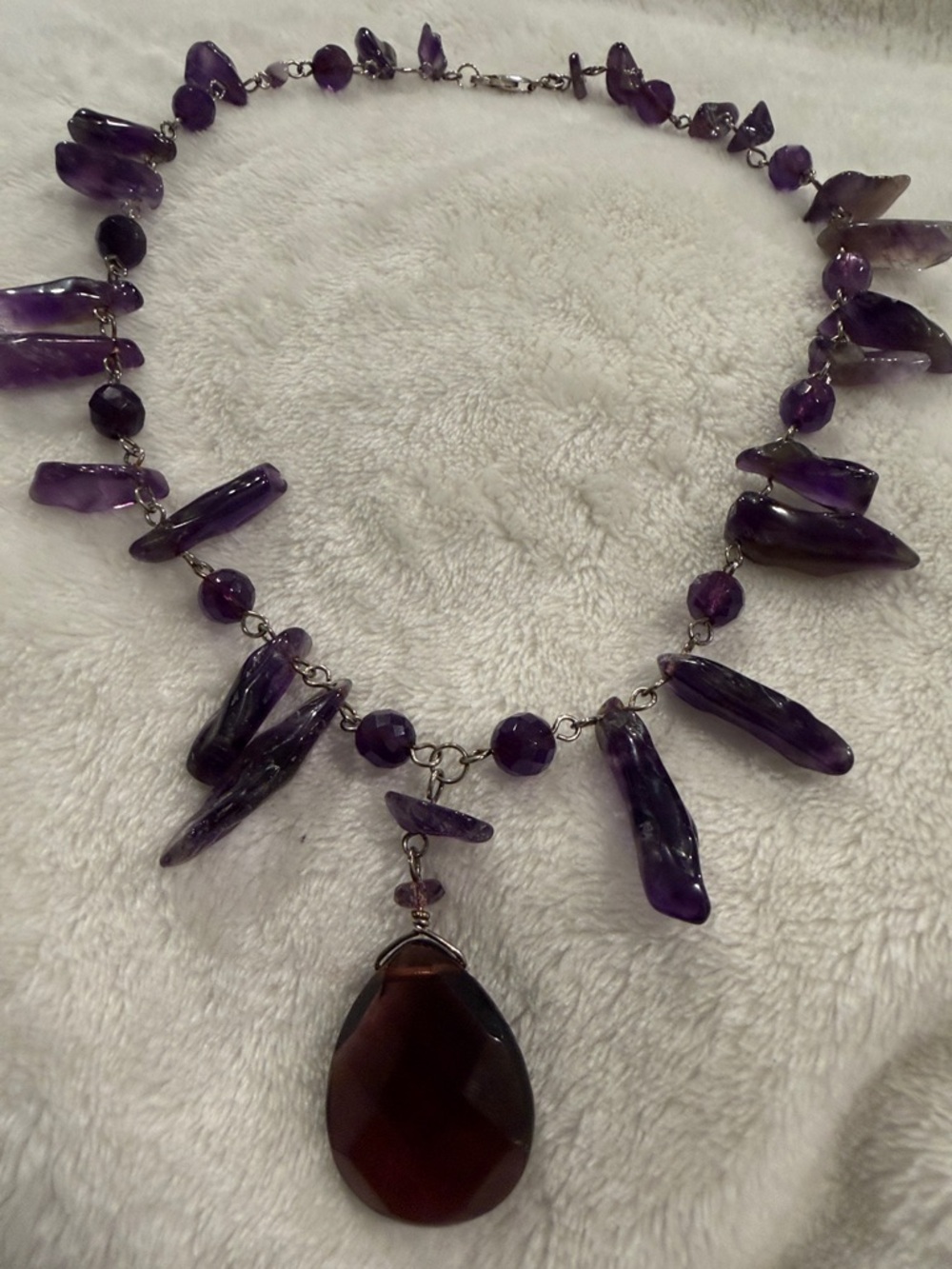 Purple Amethyst Chip Necklace with Faceted Dark Teardrop Pendant
